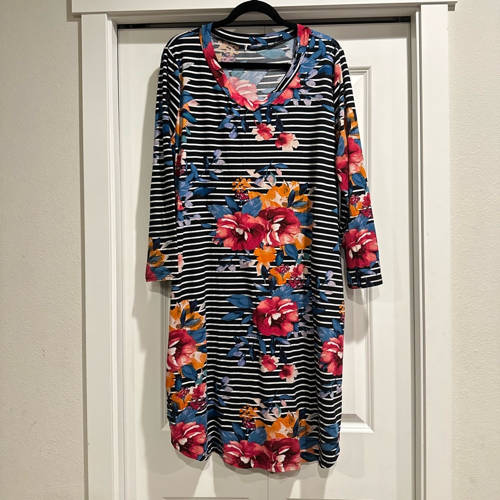 Striped Floral V-Neck Swing Dress
